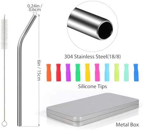[10 Pcs] 6 Inch Reusable Metal Straws - 18/8 Stainless Steel Bendy