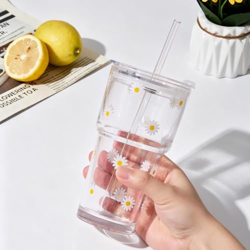 Cute Glass Cups with Lid and Straws, 20oz, Reusable Iced Coffee Cup