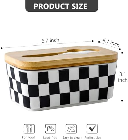 Butter Dish with Lid for Countertop, Checkered Ceramic Butter