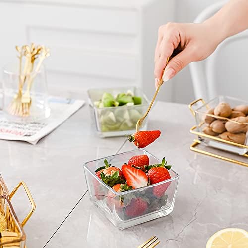 6 Clear Glass Serving Bowls Set with Gold Metal Rack Tray, Removable