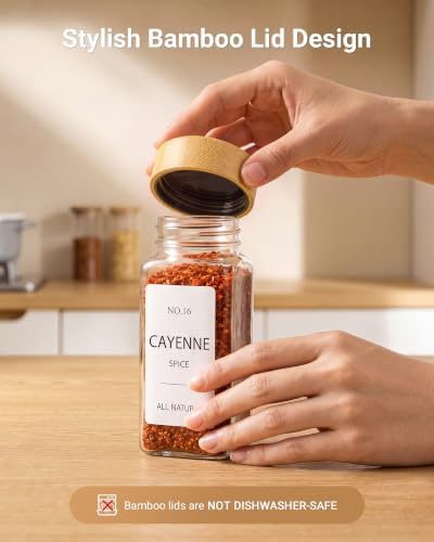24 Pack Glass Spice Jars: 492 Lables & Pepper Grinder & Bamboo Lids