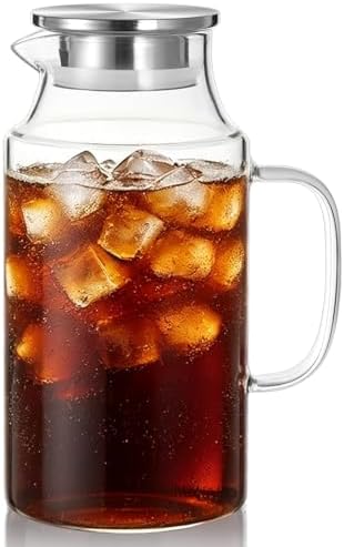 Short 2 Liter Glass Pitcher with Lid and Handle, 68 oz Borosilicate