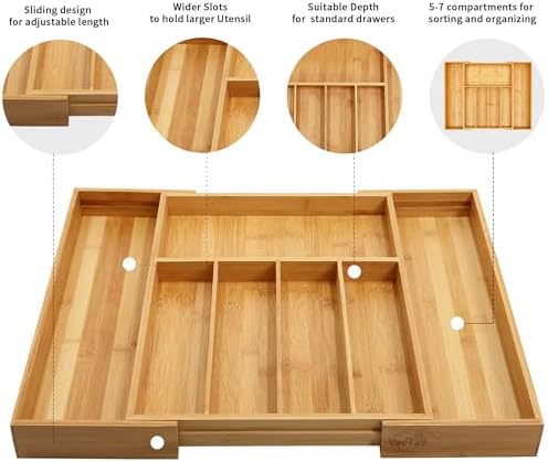 VaeFae Bamboo Silverware Drawer Organizer with Knife Block and