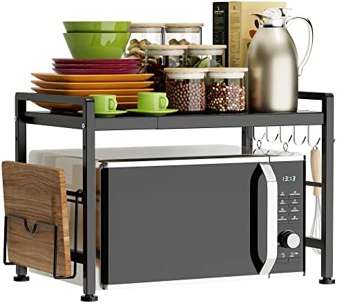 YIUKEA 2-Tier Expandable Microwave Stand with 6 Hooks