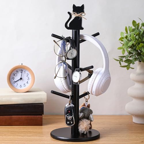 Black Cat Mug Tree with 6 Hooks Gothic Coffee Cup Holder Stand