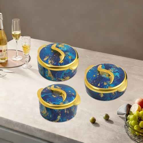 3 Piece Thermal Dish Set, Stainless Steel Insulated Containers with Lids for Hot & Cold Food, Serving Bowl for Lunch, Picnics, Parties, Meal Prep (1.6/2.12/2.64 Qt) (Blue)