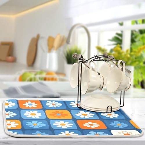 OTVEE Checkerboard Bloom Print Dish Drying Mat for Kitchen Counter