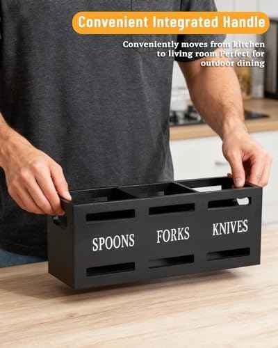 Kitchen Utensils Holder for Counter, Wooden Utensil Organizer for Storage Cooking and Silverware, Black Cooking Utensil Storage Box for Countertop,Wood Organizer with 3 Compartments,Rustic Minimalist.