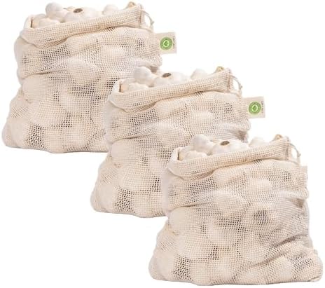 Reusable Garlic Storage Bags - Organic Cotton Garlic Mesh Bags with