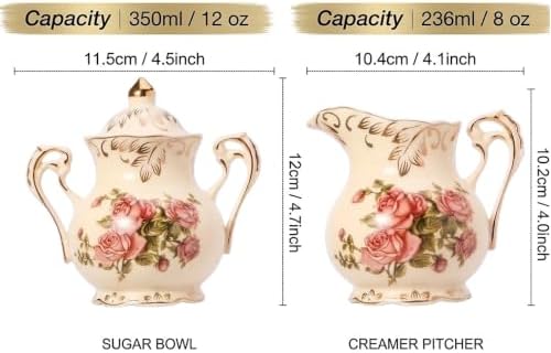 Ceramic Sugar and Creamer Set, Ivory Porcelain with Pink Rose Pattern