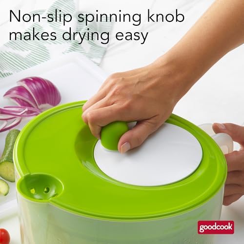 GoodCook Deluxe Salad Spinner - 6 Qt. Capacity, Easy Turn Knob, Built-In Pour Spout, Multi-Use Basket, Durable and Dishwasher-Safe, Large Capacity, Green