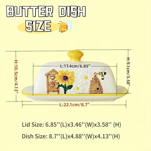 HAN SHENG Ceramic Bee Covered Butter Dish with Lid for Butter Storage