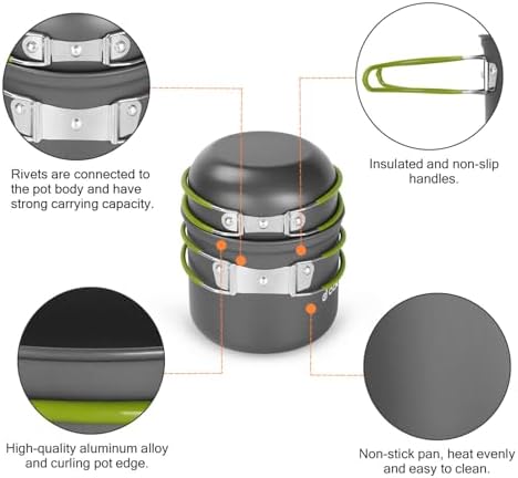 Odoland 16pcs Camping Cookware Mess Kit, Lightweight Pot Pan Mini