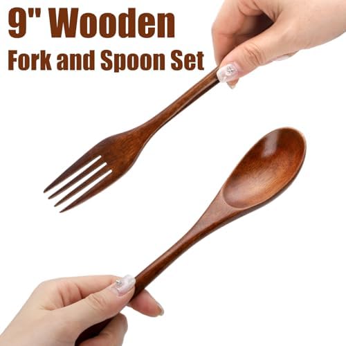 16 Pcs 9" Wooden Spoons Forks Set, Wood Dinner Utensil Set for Eating