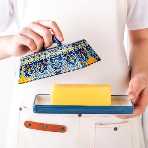 Boho Ceramic Butter Dish with Lid & Tray, Butter Keeper for Countertop