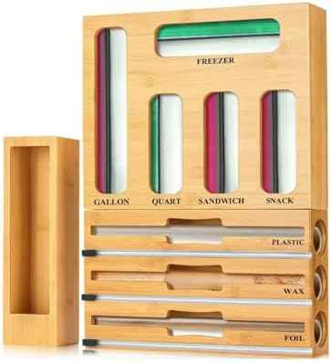 KALUHA Bamboo Food Storage Bag Organizer 9-in-1 | Gallon Quart Sandwich Snack Bag Holder for Kitchen Drawer | Aluminum Foil Plastic Wrap Wax Paper Dispenser | Kitchen Cabinet Storage Organization