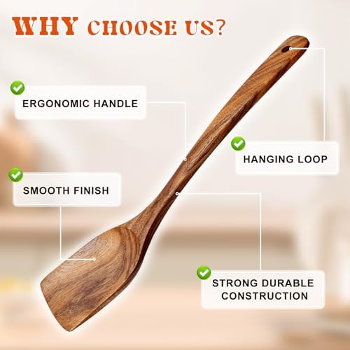 2Pcs Wooden Spatula, Acacia Solid & Slotted Turner Spatula Set, Long