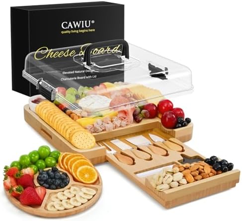 CAWIU Bamboo Charcuterie Board Set with Lid, Drawer and Fruit Tray, Black