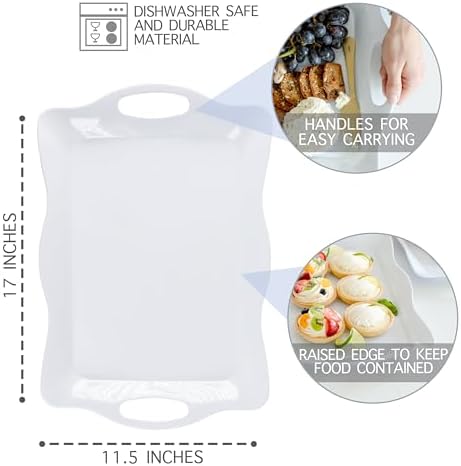 Large Melamine Tray, 17" x 11.5" - White Serving Tray with Handles