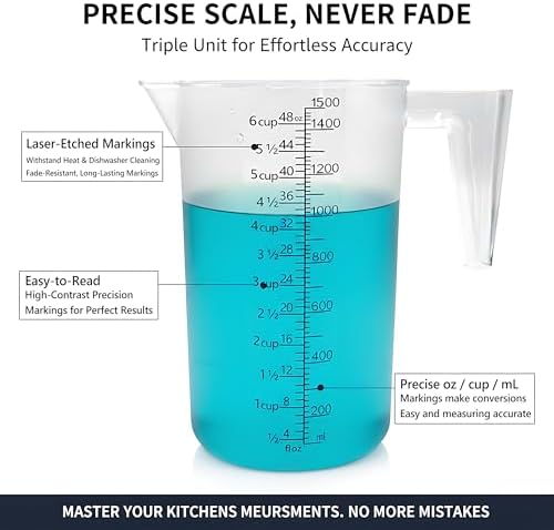 Liquid Measuring Cup with Handle, 48 oz / 6 Cup / 1500 ml Plastic