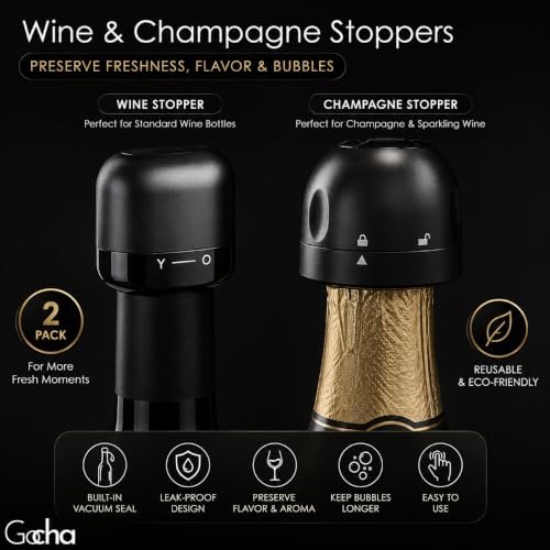 GOCHA Gadgets Wine Stopper and Champagne Stopper Set, 4 Pack, Black