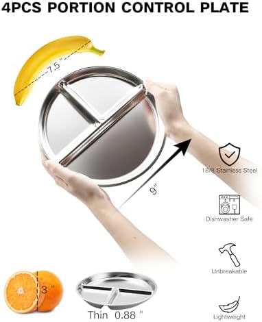 Bakpoco Stainless Steel Kids Plates Set of 4, 9" Portion Control