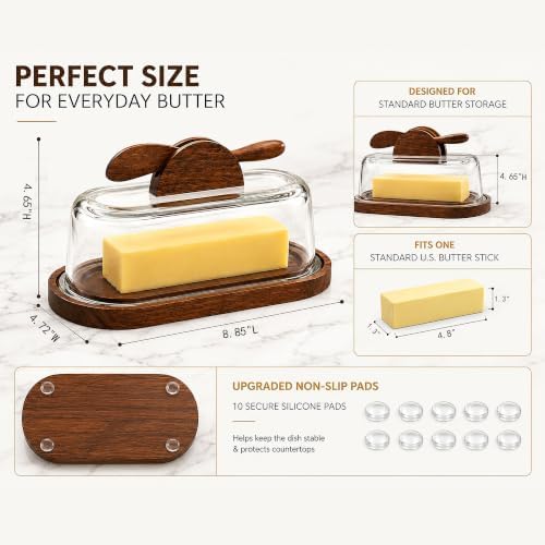 Glass Butter Dish with Lid & Knife, Acacia Wood Base