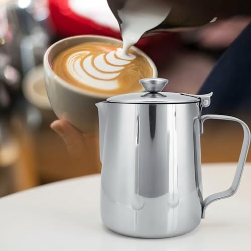 Milk Frothing Pitcher, 350ml (12oz), Stainless Steel Creamer with Lid