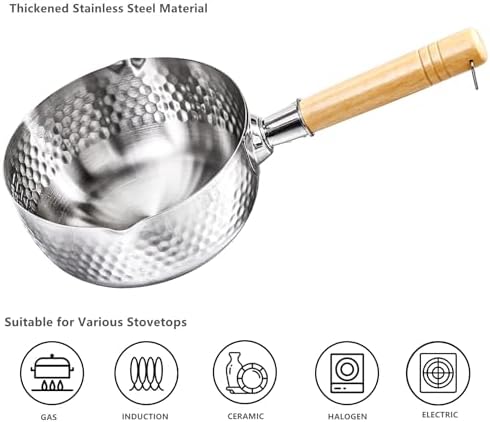 DEAYOU Stainless Steel Saucepan with Steamer, 1.2 Quart Yukihira Sauce Pan with Lid, Traditional Japanese Small Cooking Pot with Wood Handle and Two Side Spouts for Milk, Ramen, Soup, Tempura, 7"