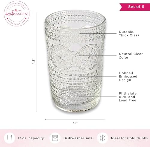 Hobnail Beaded Floral Clear Drinking Glasses Set of 6, (13 oz) Vintage