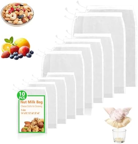 10Pack Cheese Cloth Bags for Straining Reusable Fine Mesh Strainer
