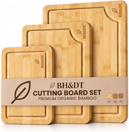 BH&DT Bamboo Cutting Board Set of 3 with Juice Grooves and Built-In