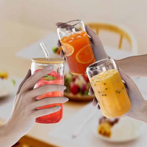 12Pcs Glass Cups with Bamboo Lids and Straws, 16oz Can Shaped Glass