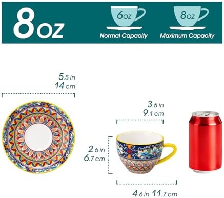 vancasso 8 Oz Cappuccino Cups, Porcelain Tea Cups and Saucers Set of 6