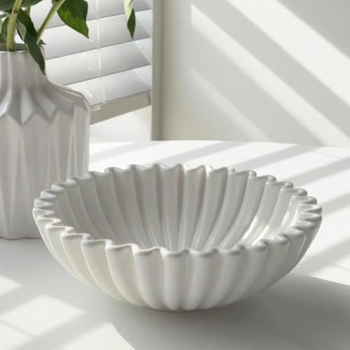 KULEDM Large Decorative Bowl Home Decor - 10in Ceramic White Scalloped