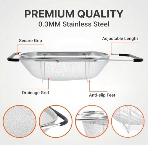 Over the Sink Colander, 6 Quart Stainless Steel Expandable Strainer