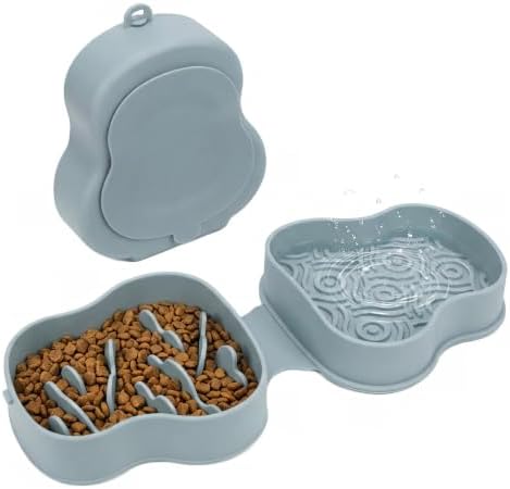 Collapsible Dog Travel Bowl with Lid, Slow Feeder (Bluish)