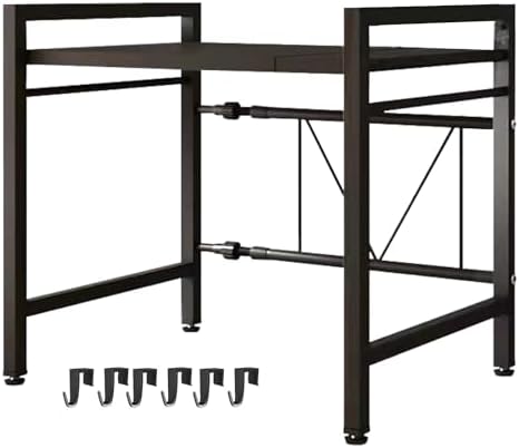 Microwave Oven Rack, Adjustable Shelf with 6 Hooks