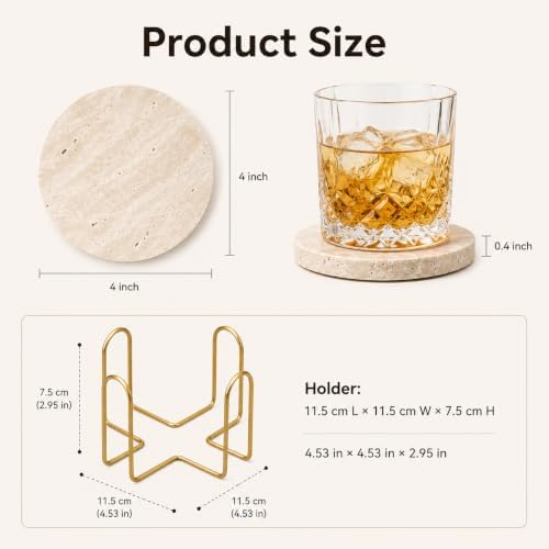 Travertine Coasters with Gold Holder, Set of 4 Natural Stone, Cork