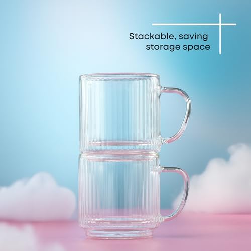JoyJolt Haven Stackable Fluted Glass Mugs Set of 2, 5.5oz Ribbed