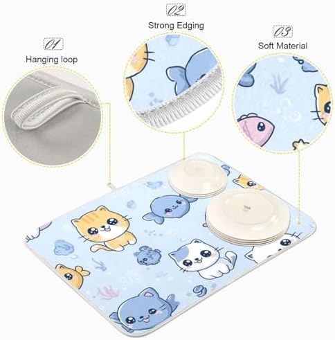 OTVEE Sea Kitty Art Dish Drying Mat for Kitchen Counter Absorbent Heat