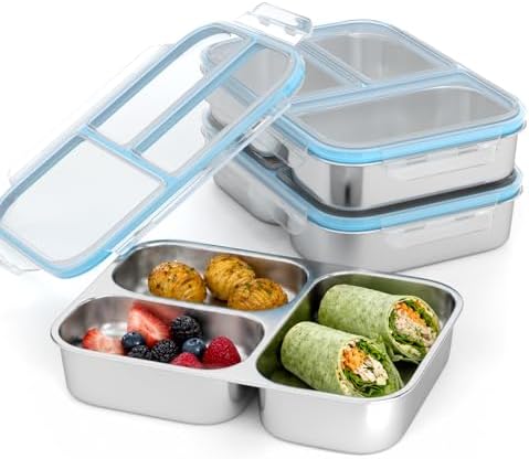 3 Pack Stainless Steel Snack Container, 3- Compartment Lunch Container