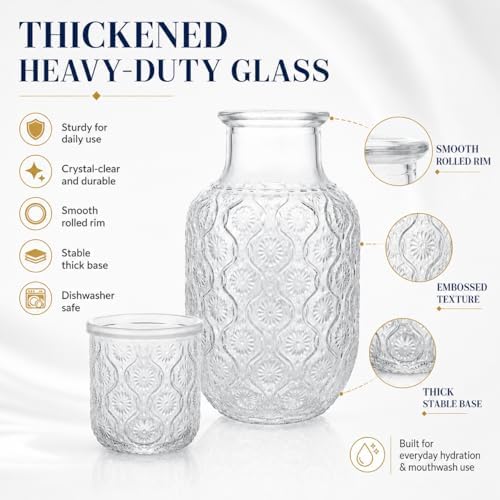 2 Set Bedside Water Carafe and Glass Set, 18oz Nightstand Pitcher with