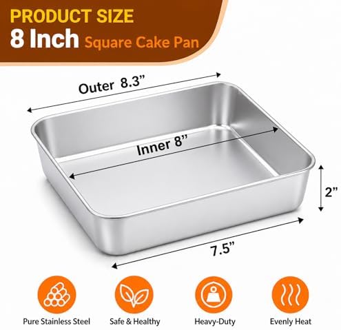 TeamFar 8x8 Baking Pan, Stainless Steel Square Cake Brownie Pan