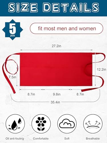 Twistover 5 Pack Red Waist Aprons for Adults 3 Pockets Half Bistro