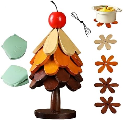 5Pcs Foldable Pine Wood Christmas Tree Trivet Set with Stand, 2