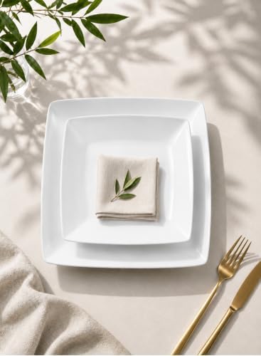 Porcelain Square Dinner Plates, 10.75 Inch White Plates, Set of 4