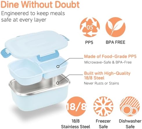 304 Stainless Steel Bento Lunch Box Set with Insulated Bag, Blue