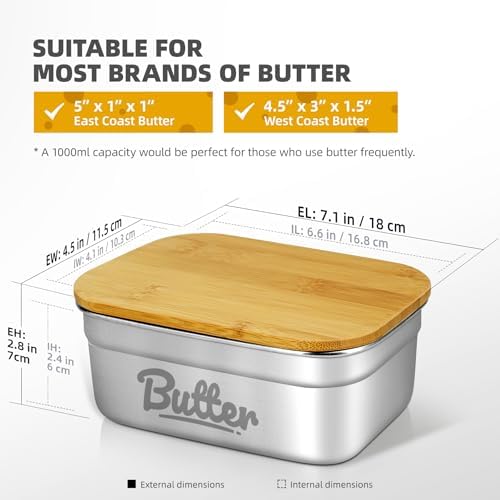 Large Stainless Steel Butter Dish, Airtight Lid, Holds 4 Sticks
