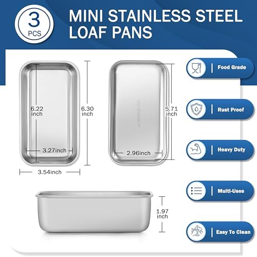 TeamFar Mini Loaf Pan, 3 PCS Stainless Steel Loaf Pans for Baking
